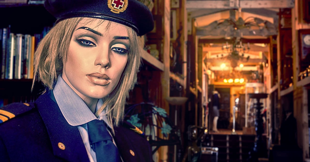 Entree van het museum met ontvangst door een als museumbeambte verklede paspop